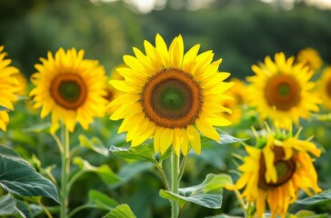 Fototapeta premium Sunflowers in a Field, Bathed in Sunlight