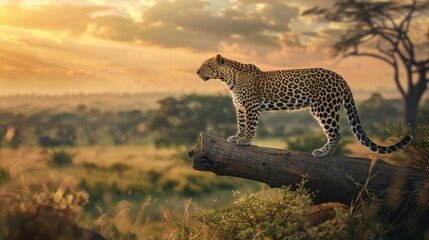 Obraz premium Leopard on log at sunset in green savanna landscape wildlife photography close up