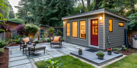ADU is a small separate dwelling unit on the same property. Concept Accessory Dwelling Unit (ADU), Housing Solution, Additional Living Space, Property Expansion, Local Zoning Requirements