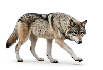 Fototapeta premium A solitary gray wolf, alert and focused, strides against a white background. Ideal for nature documentaries, wildlife publications, or symbolizing strength and resilience.