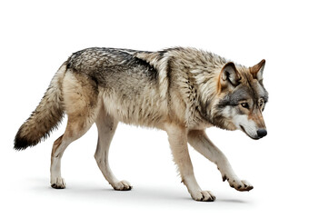 Obraz premium A solitary gray wolf, alert and focused, strides against a white background. Ideal for nature documentaries, wildlife publications, or symbolizing strength and resilience.