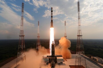 Reusable spacecraft is launching from the spaceport, leaving a trail of smoke behind