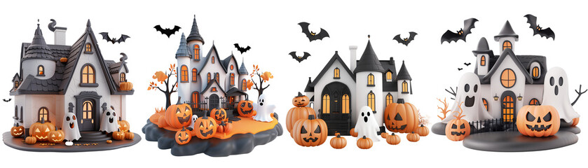 4 styles of Halloween haunted houses in black, white and orange theme with ghost, bat, and Jack-o'-lantern pumpkins. Set of isolated Halloween decorations on transparent background.