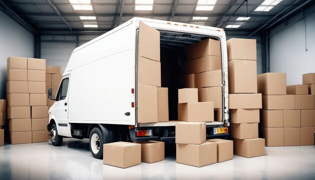 A commercial delivery van or box truck, its rear doors open, surrounded by a variety of empty cardboard boxes, inside the warehouse with white glossy floor
