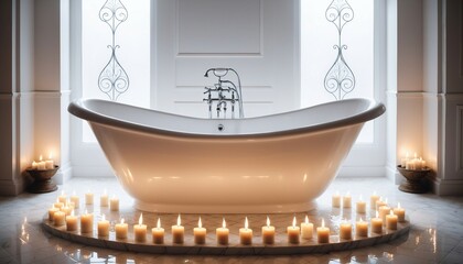 A luxury white bathtub in a bathroom illuminated by candles
