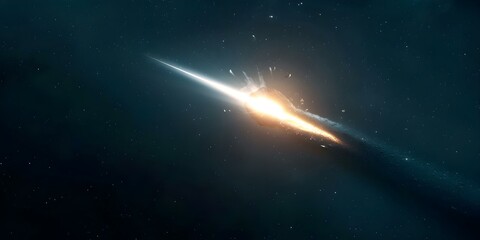 Closeup view of a comet breaking into glowing fragments against a dark space. Concept Comet Explosion, Astronomy, Dark Space, Glowing Fragments, Celestial Phenomenon
