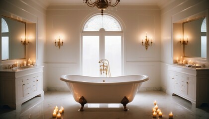 A luxury white bathtub in a cave illuminated by candles

