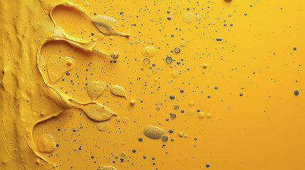 A yellow background with splatters of paint and a yellow blob in the middle. The splatters of paint are in different sizes and colors, creating a chaotic and messy appearance