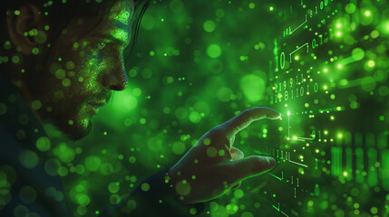 A man is looking at a computer screen with a green background. The man is touching the screen with his finger. Concept of curiosity and exploration as the man interacts with the technology