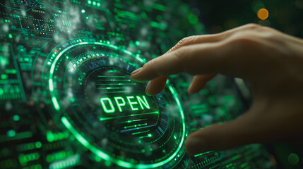 A hand is pointing to the word "open" on a green screen. Concept of excitement and anticipation, as if the person is eager to explore what lies beyond the open door. The use of bright colors