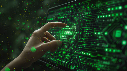 A hand is pointing to a green screen with the word "open" on it. Concept of technology and innovation, as well as the idea of progress and advancement