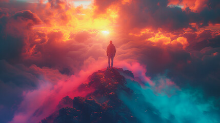 A man overcoming adversity by climb to the top of  mountain of success, representing the challenge and difficulty to win in a competitive business environment.