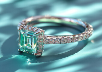 Simple Design of a Large Diamond Engagement Ring on Tiffany Blue Background