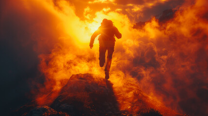 Obraz premium Silhouette of a hiker running on a mountain peak at sunset