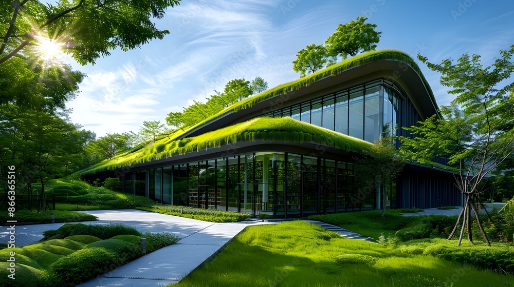 Poster sustainable green public library with nature inspired architecture and energy efficient design