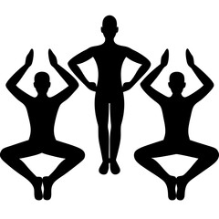 Fototapeta premium Three people sit in lotus position with hands in the air