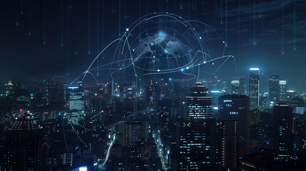 Digital Network Connections Over Cityscape at Night