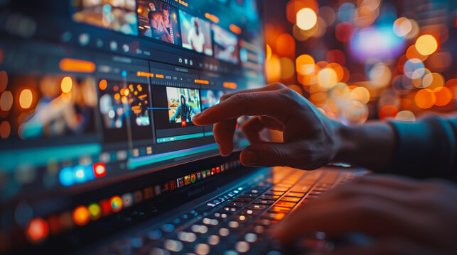 A person is using a laptop with a screen displaying a video editing software. The person is pointing at the screen, possibly selecting a video clip or adjusting the settings