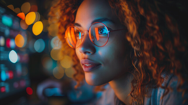 A woman with red hair and glasses is looking at a computer screen. Concept of focus and concentration as the woman stares intently at the screen. The bright colors of the woman's hair