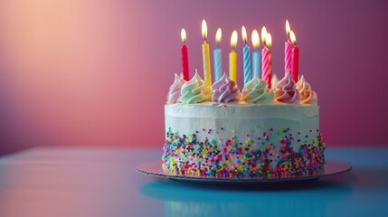 Birthday cake with colorful candles and sprinkles on a blue table.