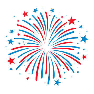 Fireworks on white background, 4th of July, blue red stars & sparks, firework clipart no background, sparklers, icon, vector, illustration for Xmas, new year, holiday, birthday, party, USA