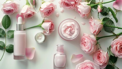 Jar of cosmetic cream and cosmetic bottles without labels on floral white background, top view, light soft cosmetic background