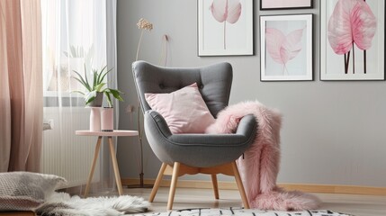 Grey chair with pink pillow in Scandinavian baby room with posters and fur blanket