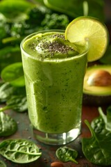 Green Detox Smoothie: A tall glass of green smoothie with spinach, kale, and avocado, garnished with a slice of lime and chia seeds.