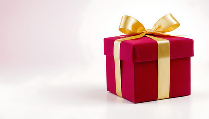 Obraz premium A single red gift box with a gold ribbon, perfect for representing holidays, birthdays, celebrations, or special occasions. Ideal for websites, ads, or social media posts promoting gifts, products, or