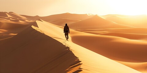 Fictional nomad wanders Sahara desert dunes alone in a story setting. Concept Adventure, Solitude, Exploration, Desert, Nomad