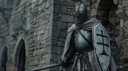 Knight battles old stone brick wall