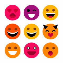 Collection has joyful emoticons with diverse facial features and expressions