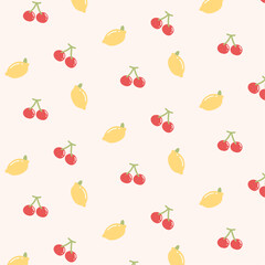 Lemon and cherry seamless pattern. Cute tropical fruit background.