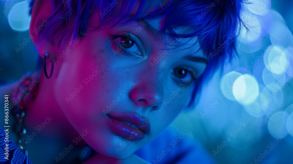 Sticker close portrait of a beautyful pretty short colored hair woman purple and blue light