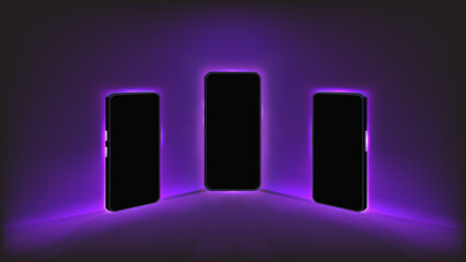 Glowing Purple and Violet Light Smartphone Mockup in Front, Perspective  Side Views. Editable Screen, Vector Template.