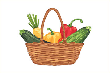 Wicker basket full of fresh vegetables vector illustration.    Basket with vegetables. Wicker basket with vegetables isolated on a white background, Flat style cartoon vector illustration. 
