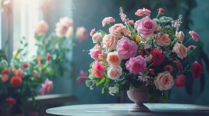 Vibrant pink and peach roses in a vase with other mixed flowers, floral arrangement, botanical still life photography with soft natural lighting.