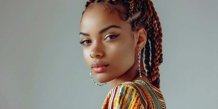 A fashionable woman with cornrows striking a pose against a grey background. Concept Outdoor Photoshoot, Colorful Props, Joyful Portraits, Playful Poses, Fashion Model