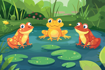 Fototapeta premium Three green frogs at the pond Flat style cartoon vector illustration. Frog Cartoon. Frogs in a pond. Frog Design. 