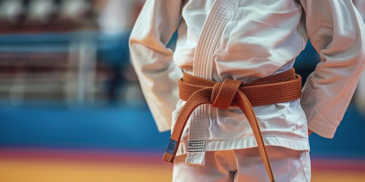 Close-up of a brown judo belt over a white kimono on a young man