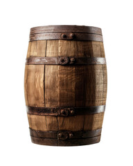 A wooden barrel isolated on white background, showcasing rustic craftsmanship with metal hoops. Ideal for storage and home decor themes.