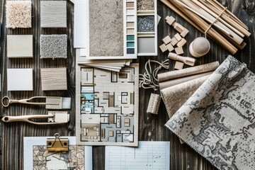 Interior Design Inspiration Board with Floor Plan and Material Samples