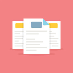 Document with stamp and text icon in flat style. White papers vector illustration on isolated background. Confirmed or approved document sign business concept.