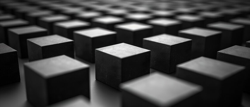 Black cubes different sizes arranged in staggered pattern, abstract dimension arrangement