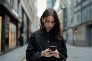 Fototapeta premium Urban Asian Woman Using Smartphone on City Street