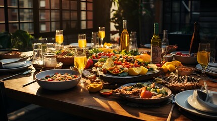 Fototapeta premium A table set with various food and drinks, ready for a gathering or party.