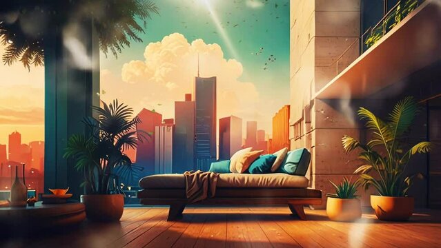Home room with beautiful pentai background, in smooth looping background with 4K video animation 