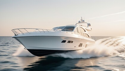 luxury modern speed boat vehicle yacht white moving at ocean, ad shot, sunset view
