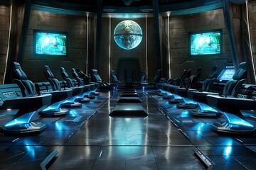 The Kryptonian council chamber with floating seats and holographic displays