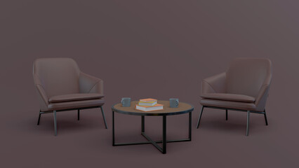 Three dimensional render of modern dining table inside industrial loft. 3d render